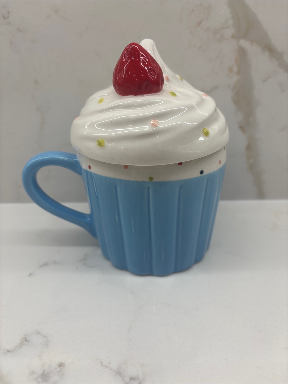 Indigo Blue Cupcake Mug with Lid Strawberry on Top